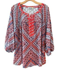 Figueroa & Flower 1X Red Mixed Floral Paisley BOHO Lace Pheasant Sleeves Blouse